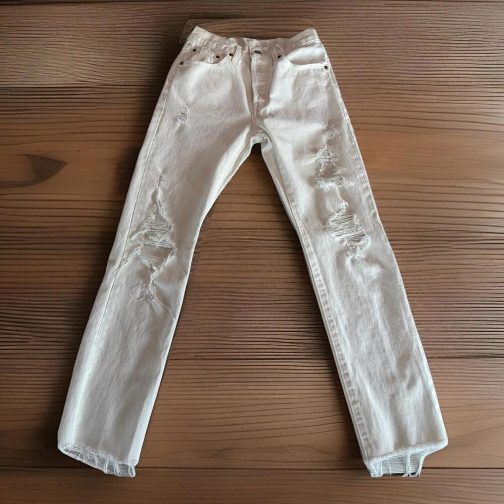 Levis 501 CT Jeans Tag 25X32 Actual 26X30 White Distressed Denim For Women(A23)